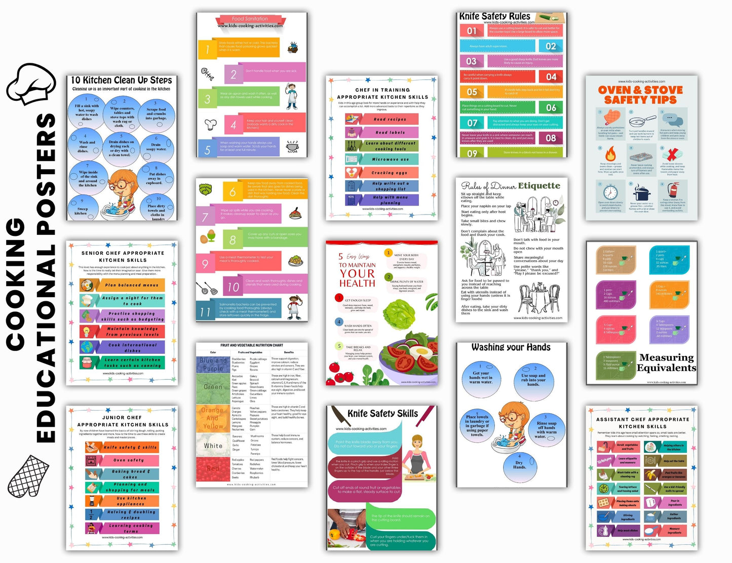 Kids Cooking Poster Set - 32 Cooking with Kids Educational Posters -Digital Download