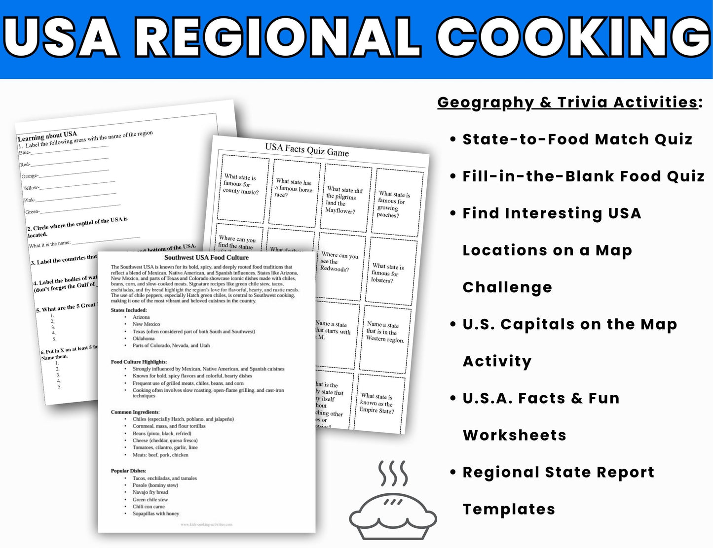 USA Regional Cooking Activities and Geography Camp-Pies Across America Theme -Digital Download