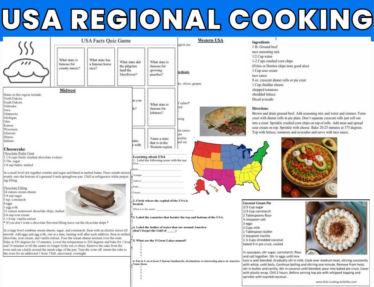 USA Regional Cooking Activities and Geography Camp-Pies Across America Theme -Digital Download