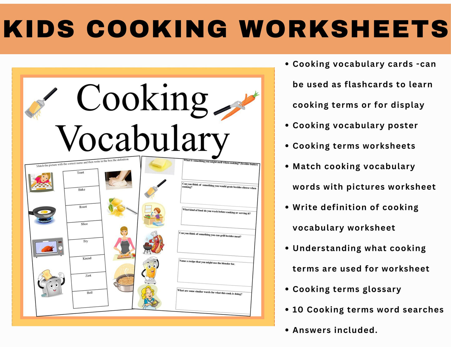 Cooking Vocabulary Terms Worksheets-Learn Essential Kitchen Language-Digital Download