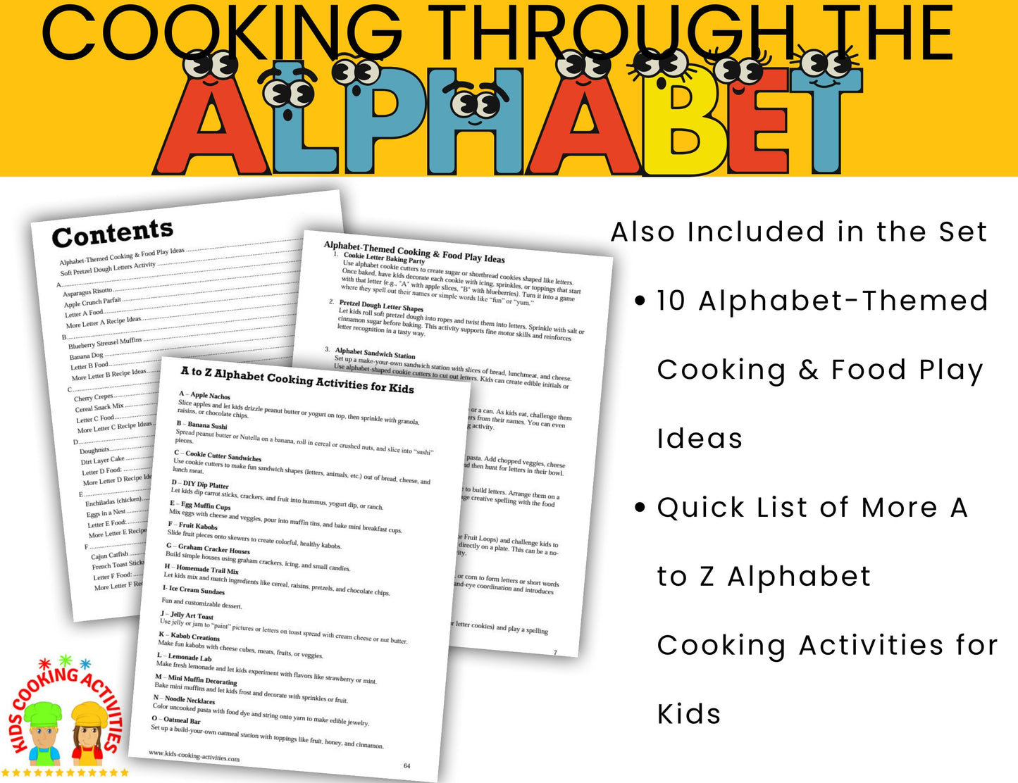 Cooking with the Alphabet- Kids Cooking Activities for Each Letter of the Alphabet- Coloring Activities Bonus- Digital Download