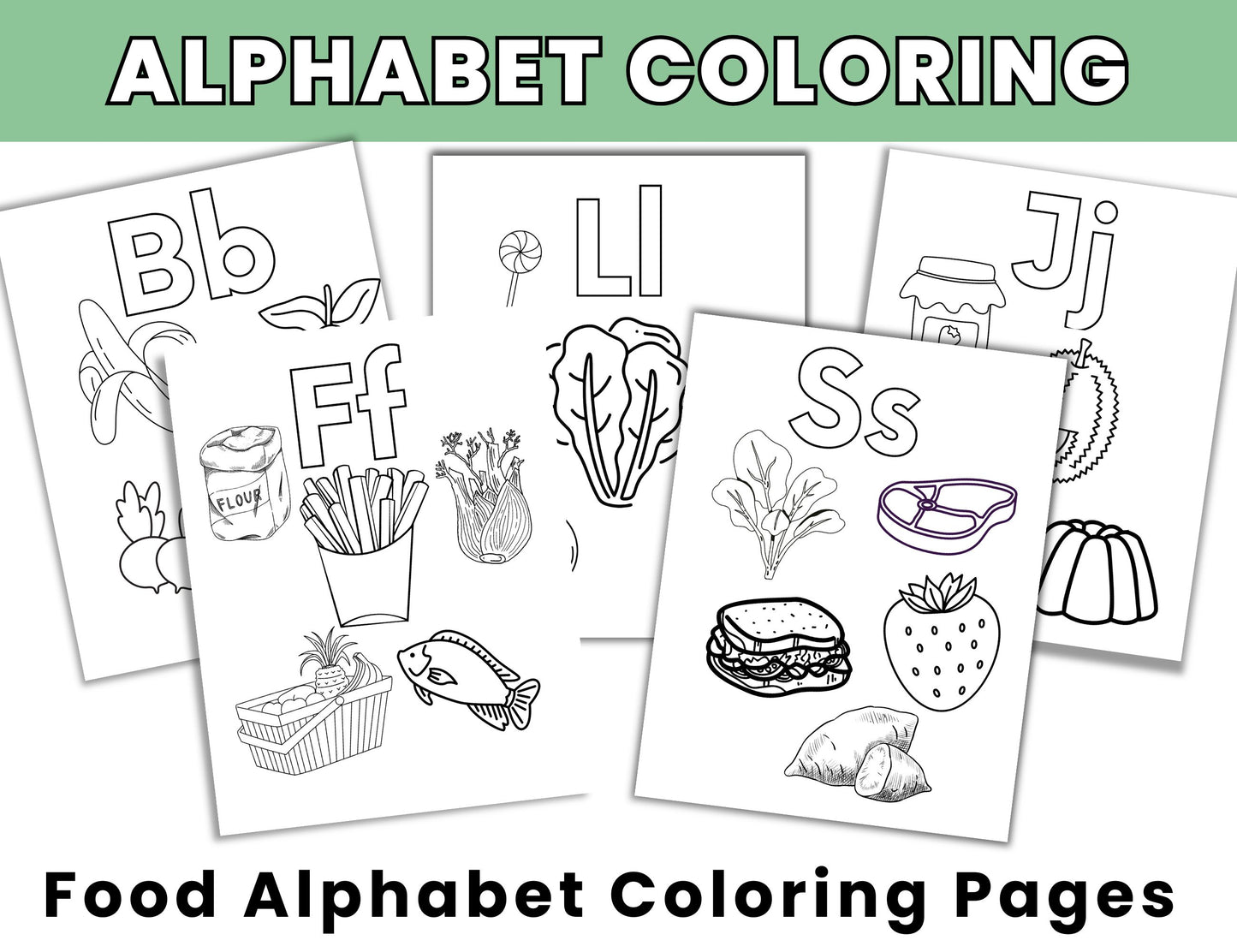 Food Alphabet Cards, Game and Coloring Sheets-Educational A-Z Food-Themed Letter Cards-Digital Download