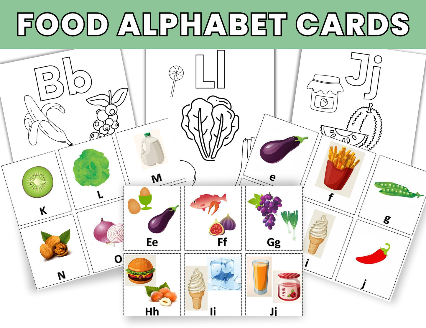 Food Alphabet Cards, Game and Coloring Sheets-Educational A-Z Food-Themed Letter Cards-Digital Download