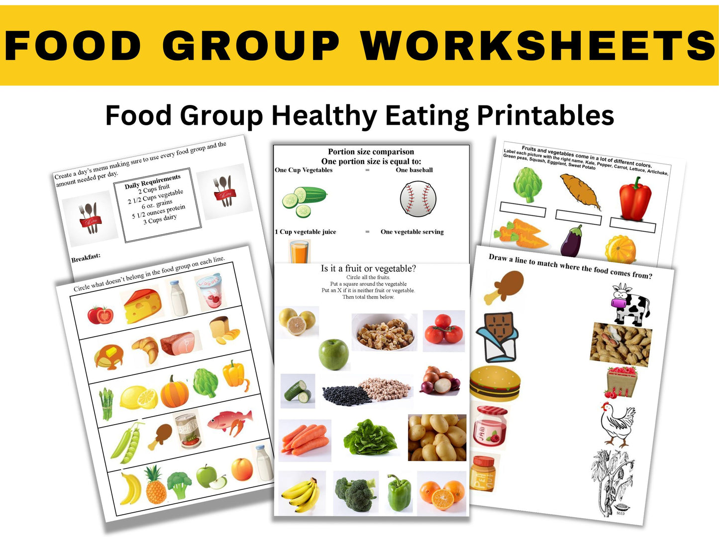 Food Group Worksheets Bundle Set-Food Group Learning Worksheets-Digital Download