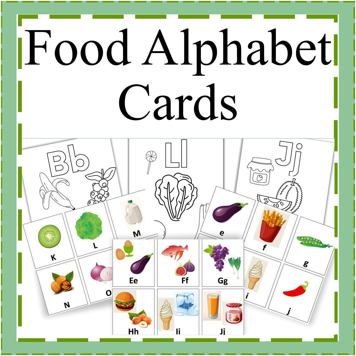 Food Alphabet Cards, Game and Coloring Sheets-Educational A-Z Food-Themed Letter Cards-Digital Download