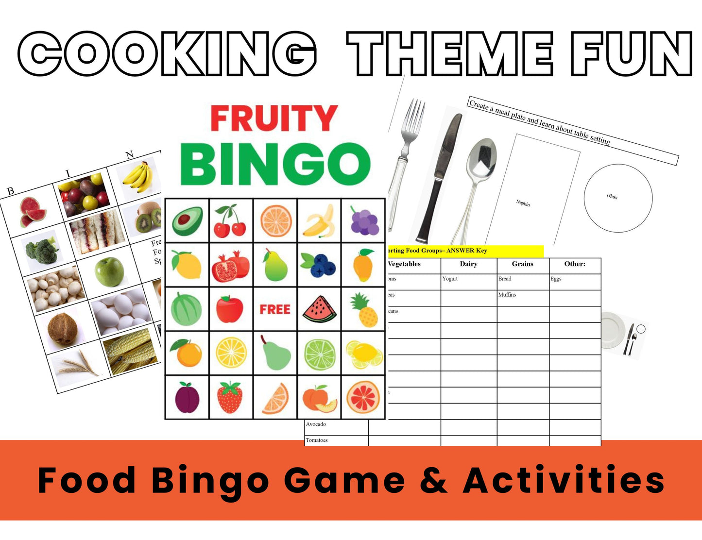 Food Bingo Games and Worksheets-Food Theme Cooking Printables Plus 16 Fruit Theme Bingo Sheets- Digital Download
