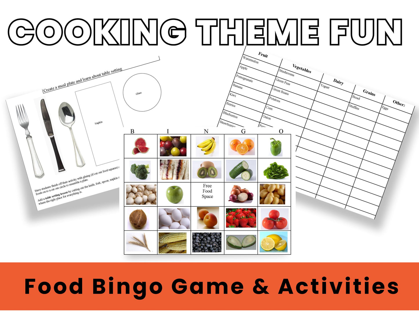 Food Bingo Games and Worksheets-Food Theme Cooking Printables Plus 16 Fruit Theme Bingo Sheets- Digital Download