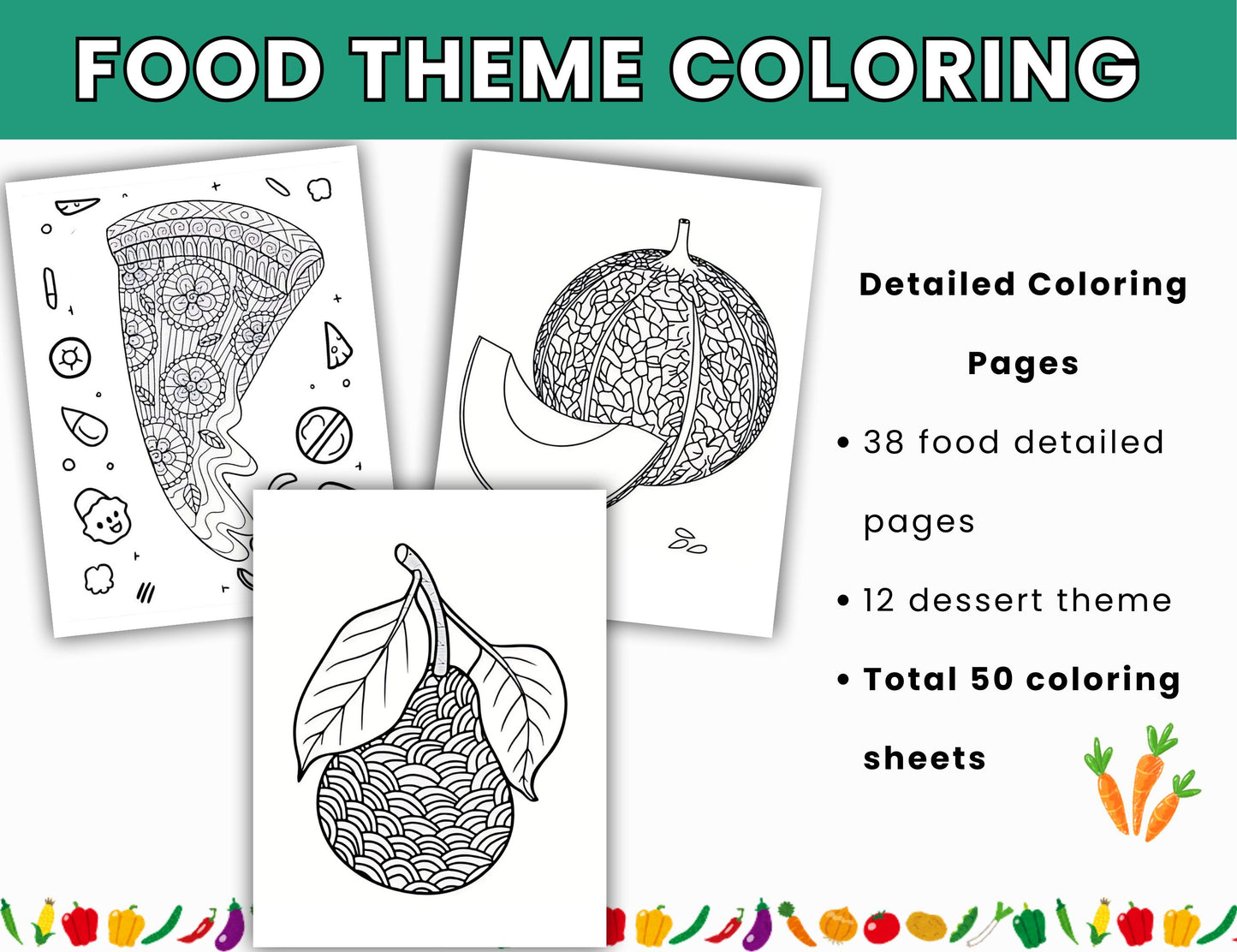Food-Themed Detailed Coloring Pages – 54 Printable Sheets- Digital Download