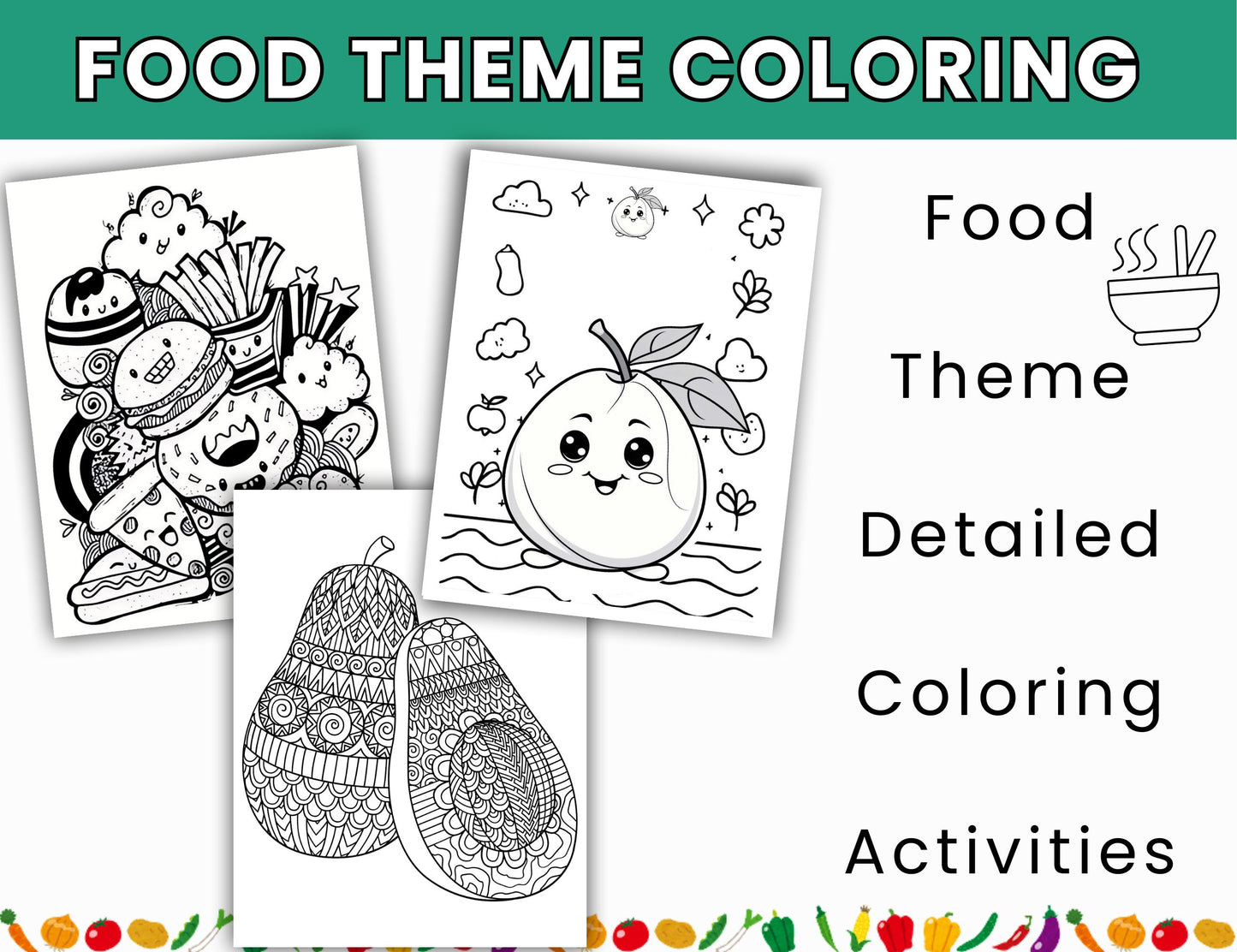 Food-Themed Detailed Coloring Pages – 54 Printable Sheets- Digital Download