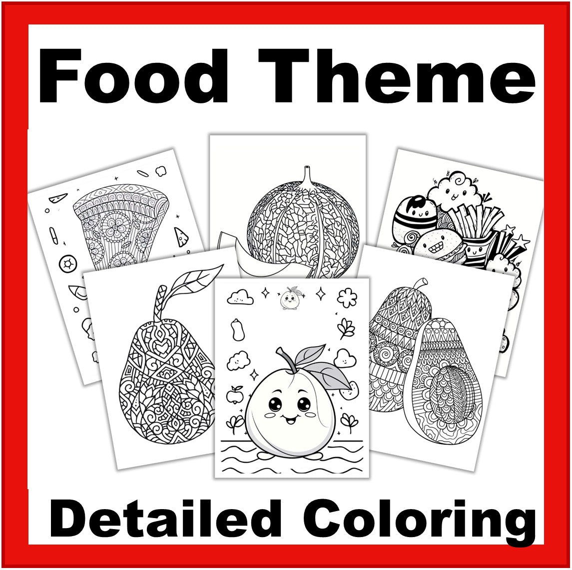 Food-Themed Detailed Coloring Pages – 54 Printable Sheets- Digital Download