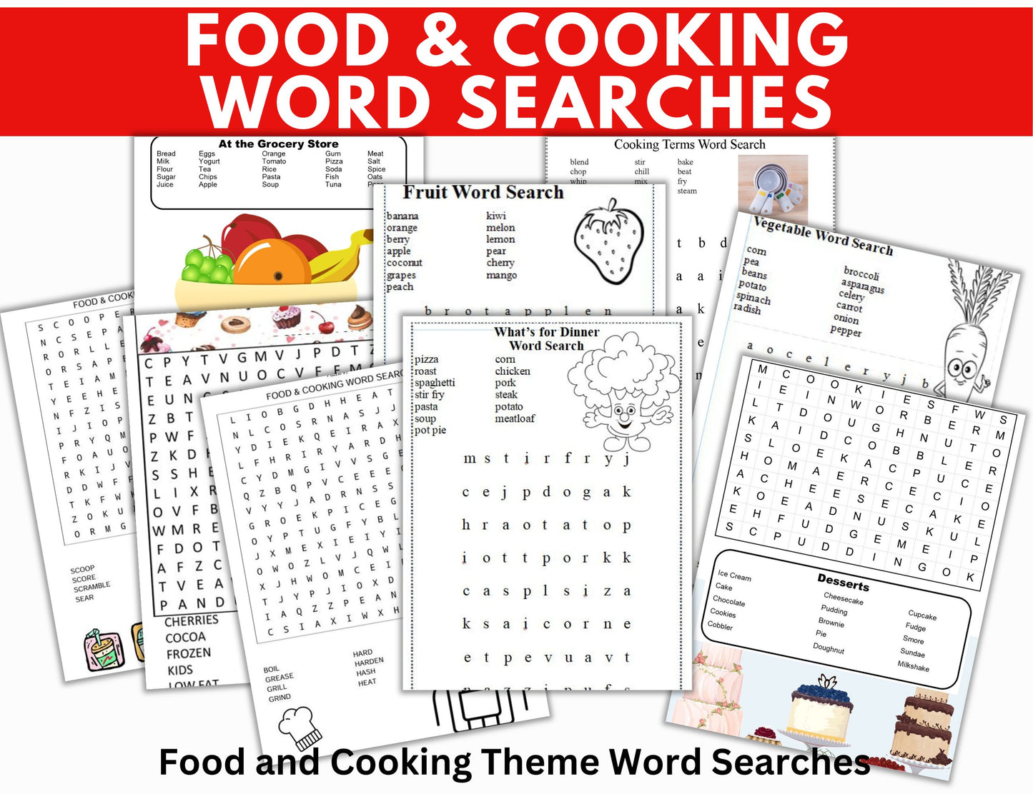 Cooking and Food Theme Word Searches-52 Fun Puzzles for Kids-Digital Download