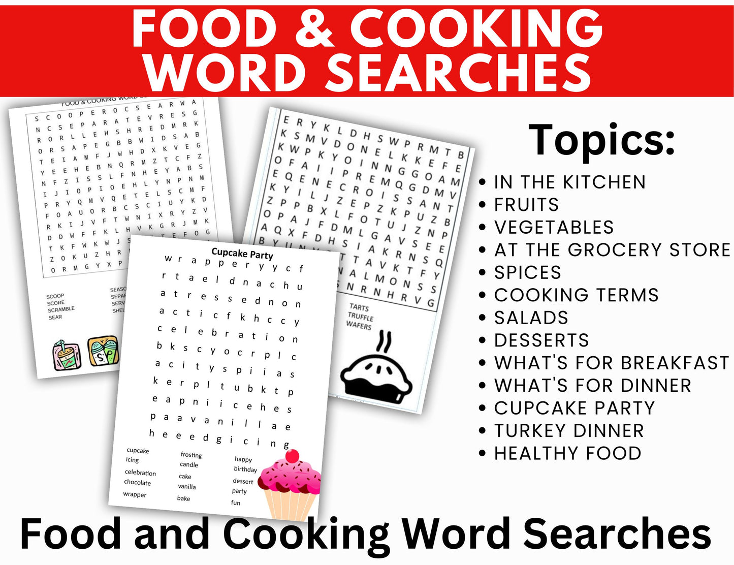 Cooking and Food Theme Word Searches-52 Fun Puzzles for Kids-Digital Download