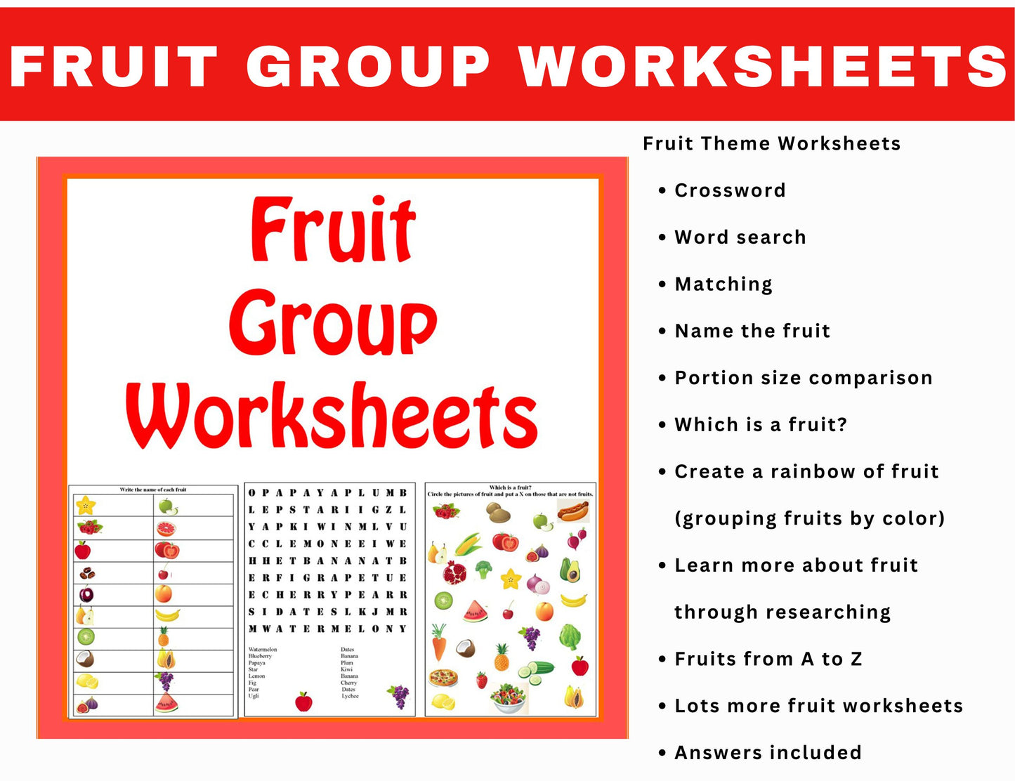 Fruit Group Worksheets- Fun & Educational Healthy Eating Printables-Digital Download