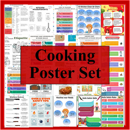 Kids Cooking Poster Set -  32 Cooking with Kids Educational Posters -Digital Download