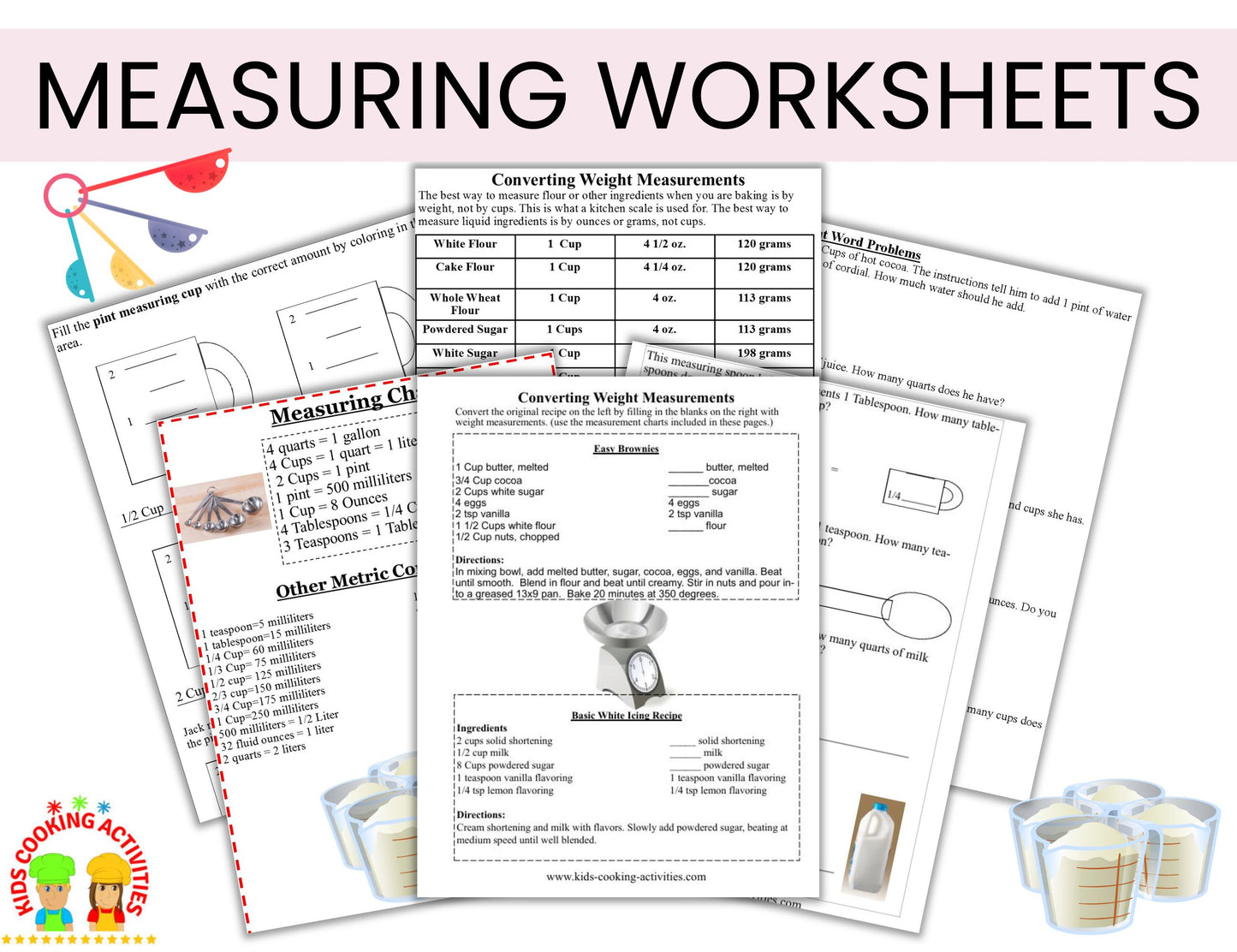 Kitchen Measuring Chart & Conversion- Measurements Worksheets -Cooking with Kids -Digital Download