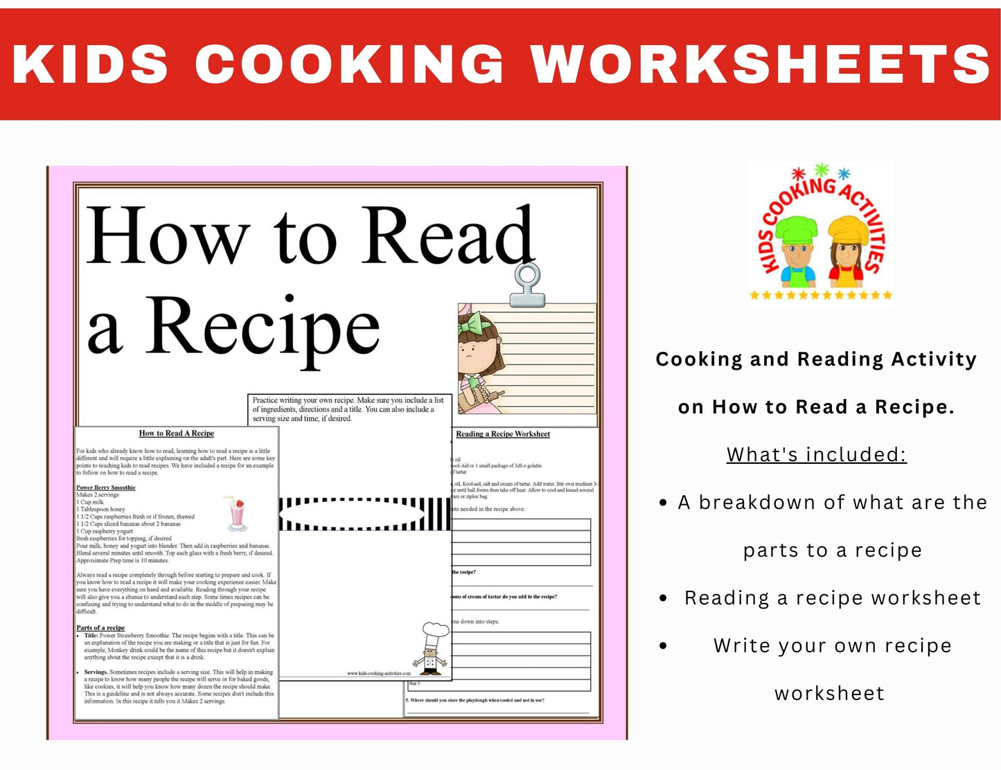 How to Read a Recipe Activity Worksheets-Cooking & Reading Skills for Kids-Digital Download