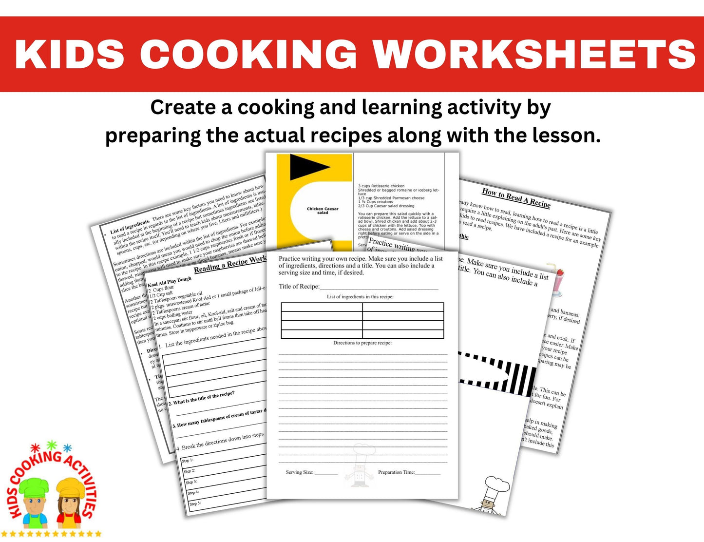 How to Read a Recipe Activity Worksheets-Cooking & Reading Skills for Kids-Digital Download
