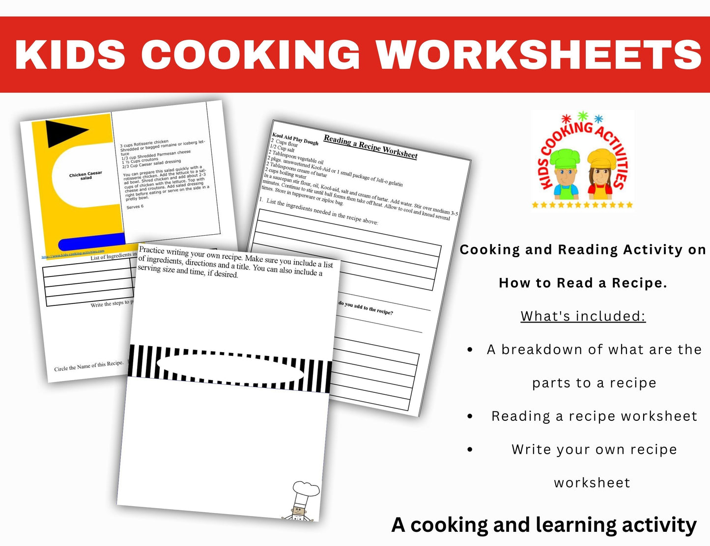 How to Read a Recipe Activity Worksheets-Cooking & Reading Skills for Kids-Digital Download