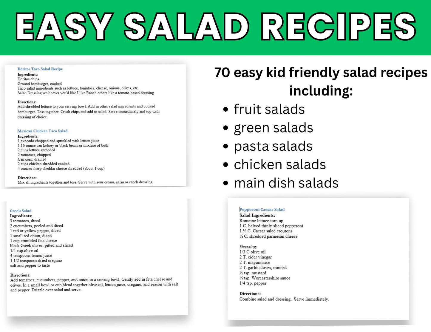70 Easy Kid-Friendly Salad Recipes- Salad Cookbook-Digital Download