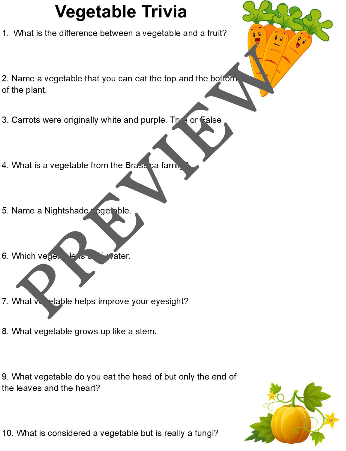 Food Trivia Worksheets & Matching Card Game – Fun Food Facts for Kids -Digital Download
