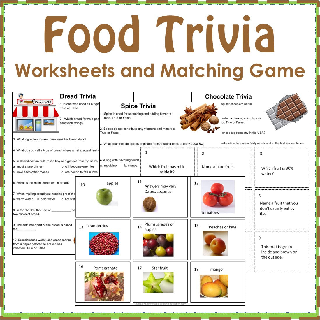 Food Trivia Worksheets & Matching Card Game – Fun Food Facts for Kids -Digital Download