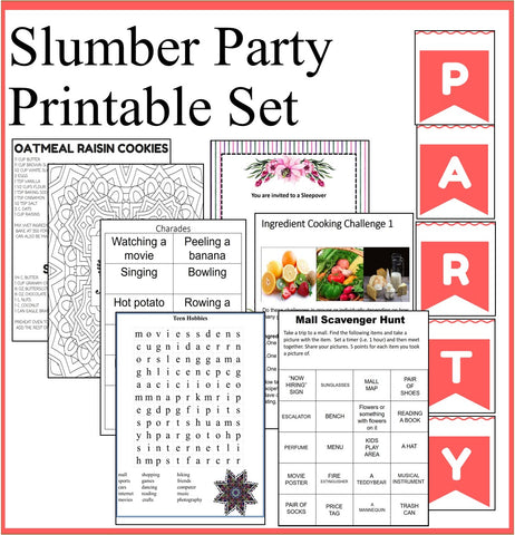 Slumber Party Printables Set- Sleepover Party Games and Slumber Party Recipes-Digital Download