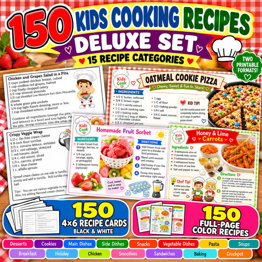 Kids Cooking Recipe Cards Deluxe Set with 150 printable recipes