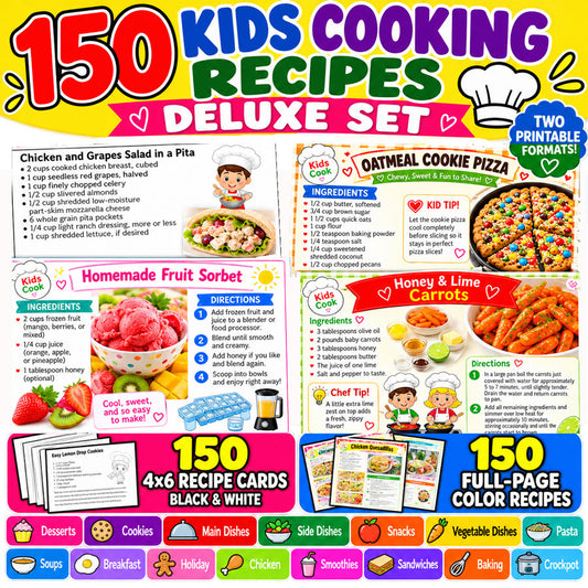 Kids Cooking Recipe Cards Deluxe Set with 150 printable recipes