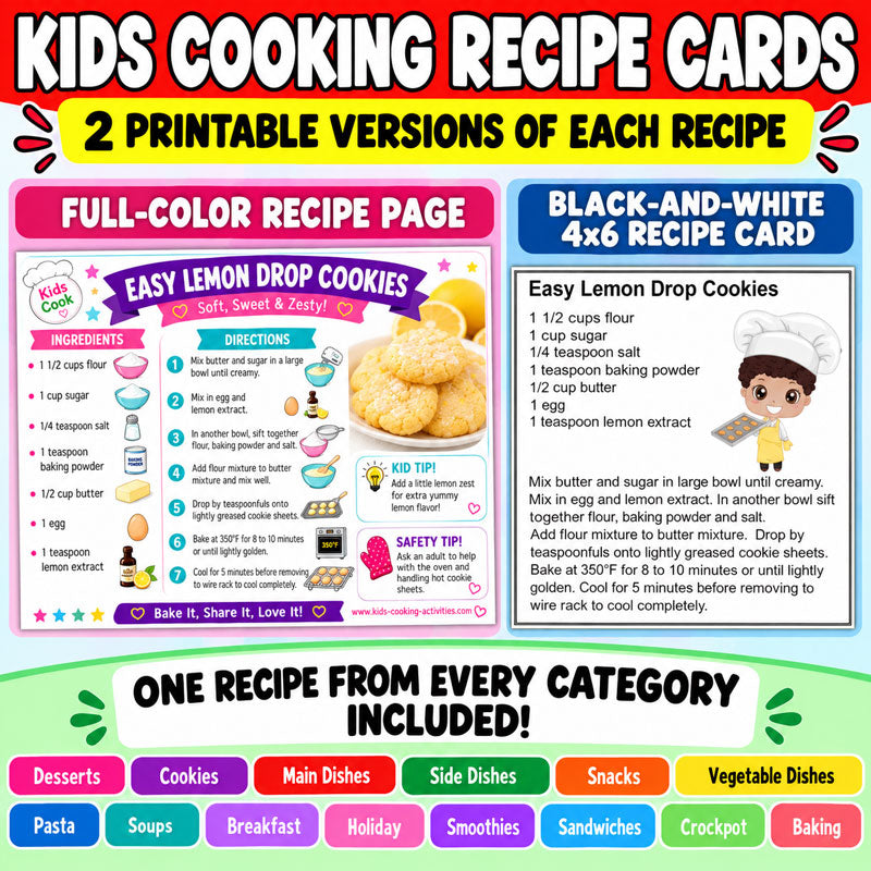 printable kids cooking recipe cards - black and white and full color