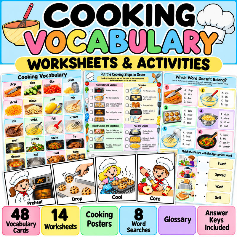 Cooking vocabulary worksheets and activities with printable picture cards, posters and culinary vocabulary practice