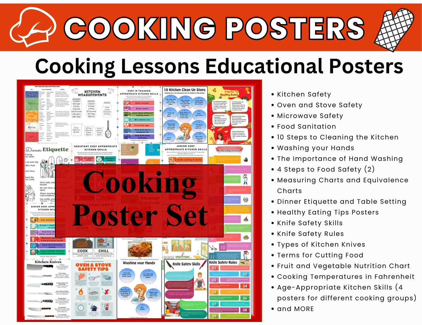 Kids Cooking Poster Set -  32 Cooking with Kids Educational Posters -Digital Download