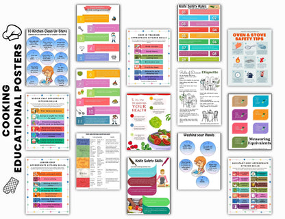 Kids Cooking Poster Set -  32 Cooking with Kids Educational Posters -Digital Download