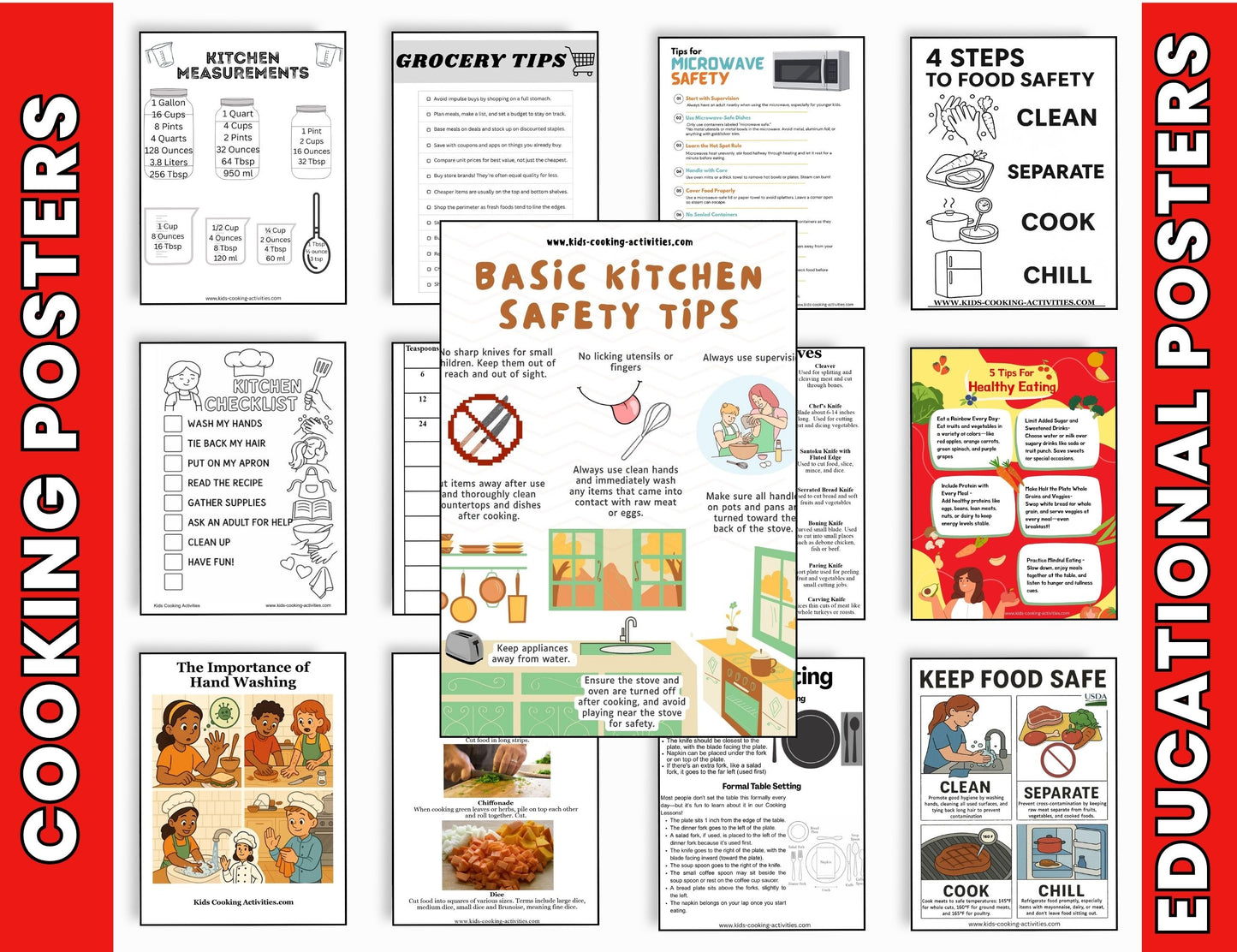 Kids Cooking Poster Set -  32 Cooking with Kids Educational Posters -Digital Download