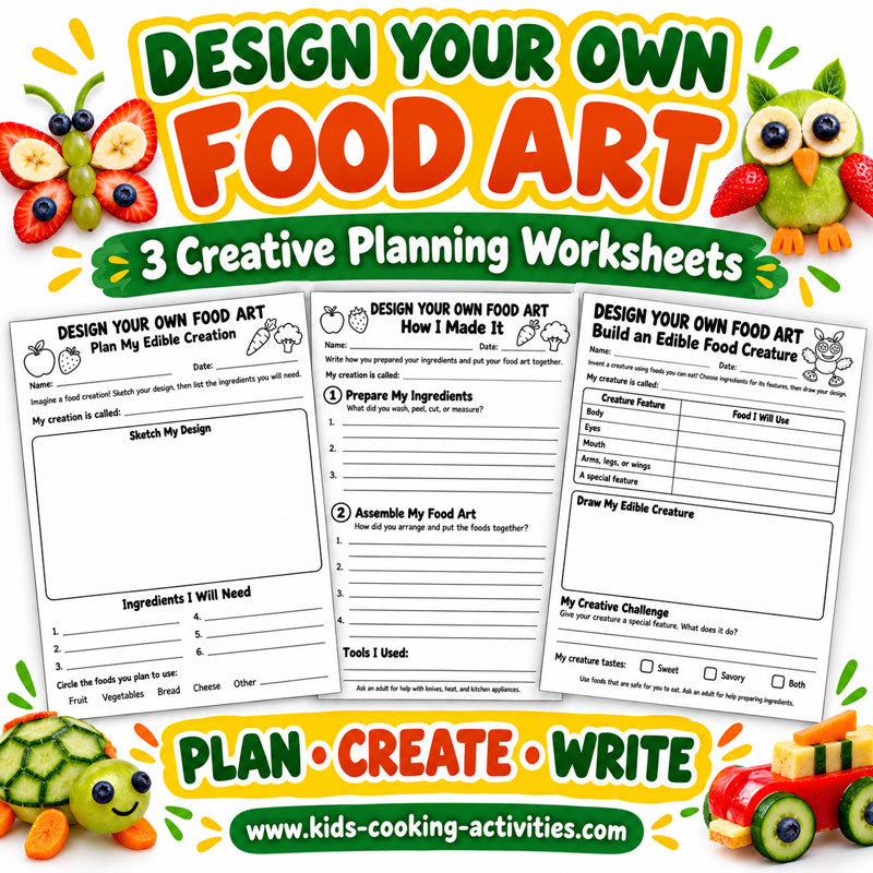 Design Your Own Food Art worksheet pack with planning, preparation, and edible creature activities