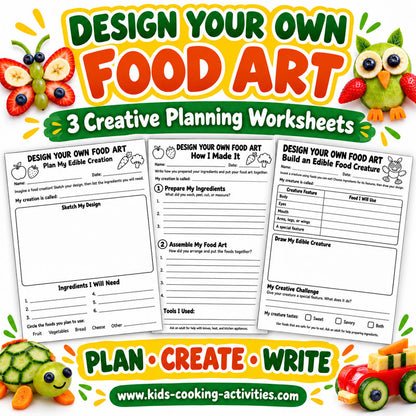 Design Your Own Food Art worksheet pack with planning, preparation, and edible creature activities