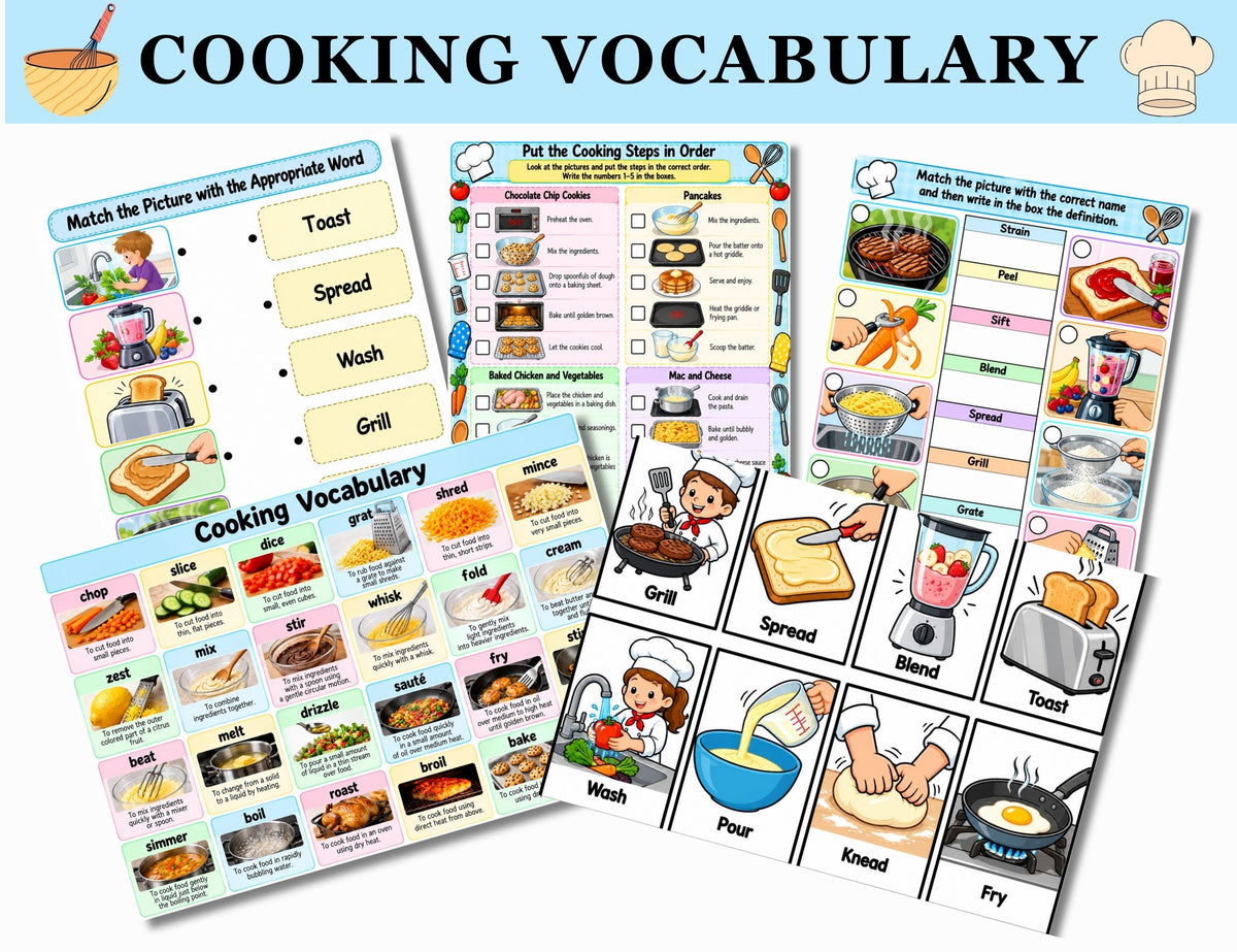 Cooking Vocabulary Activities – 48 Cards, Worksheets & Posters-Digital Download