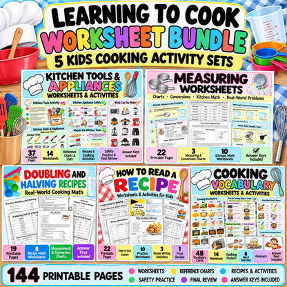 Learning to Cook Worksheet Bundle for kids with 144 printable cooking worksheets, kitchen skills, measuring, recipe reading and cooking math