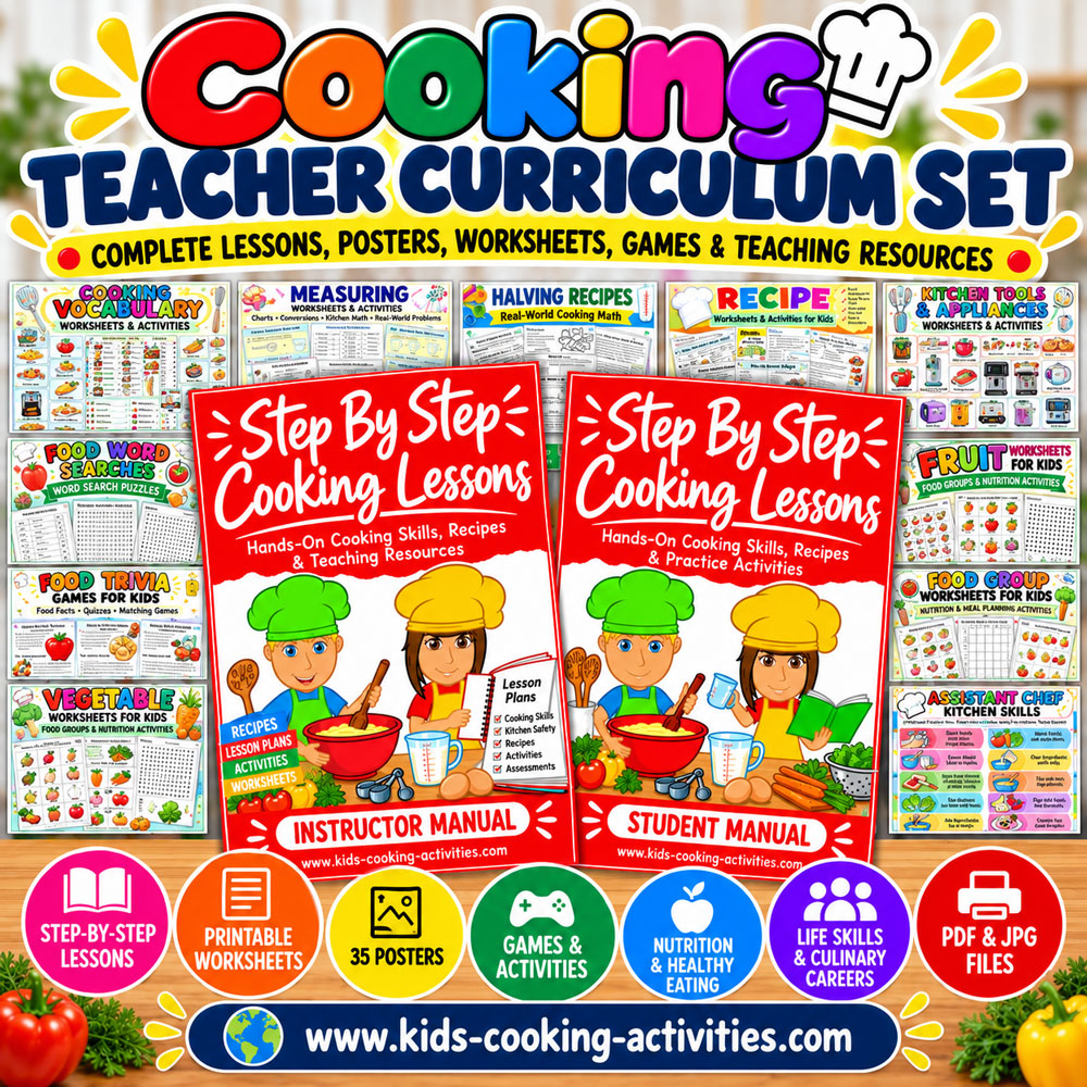 Cooking Teacher Curriculum Set with instructor and student manuals, 35 posters, 12 worksheet sets and 1,480 printable pages