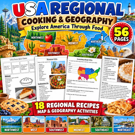 USA Regional Cooking and Geography activities for kids with recipes maps and regional food lessons