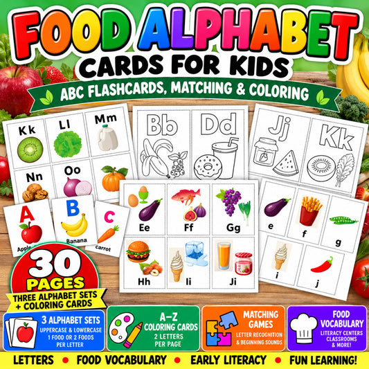 Food alphabet cards for kids with uppercase lowercase ABC flashcards and food coloring activities