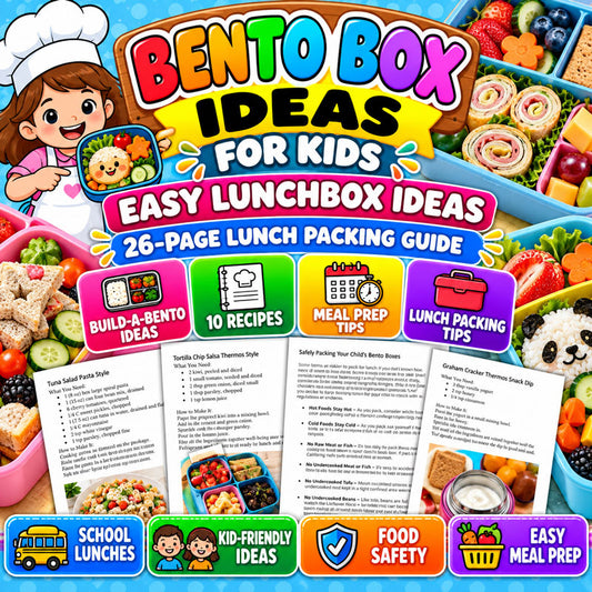 Bento Box Ideas for Kids printable lunch packing guide with 10 recipes