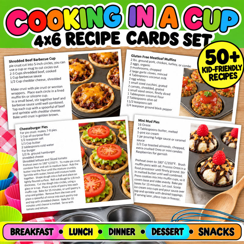 Cooking in a Cup kids muffin tin recipes with 50+ printable 4x6 recipe cards
