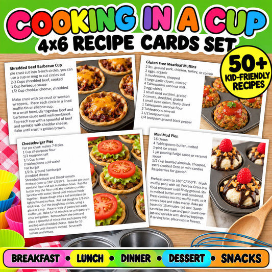 Cooking in a Cup kids muffin tin recipes with 50+ printable 4x6 recipe cards