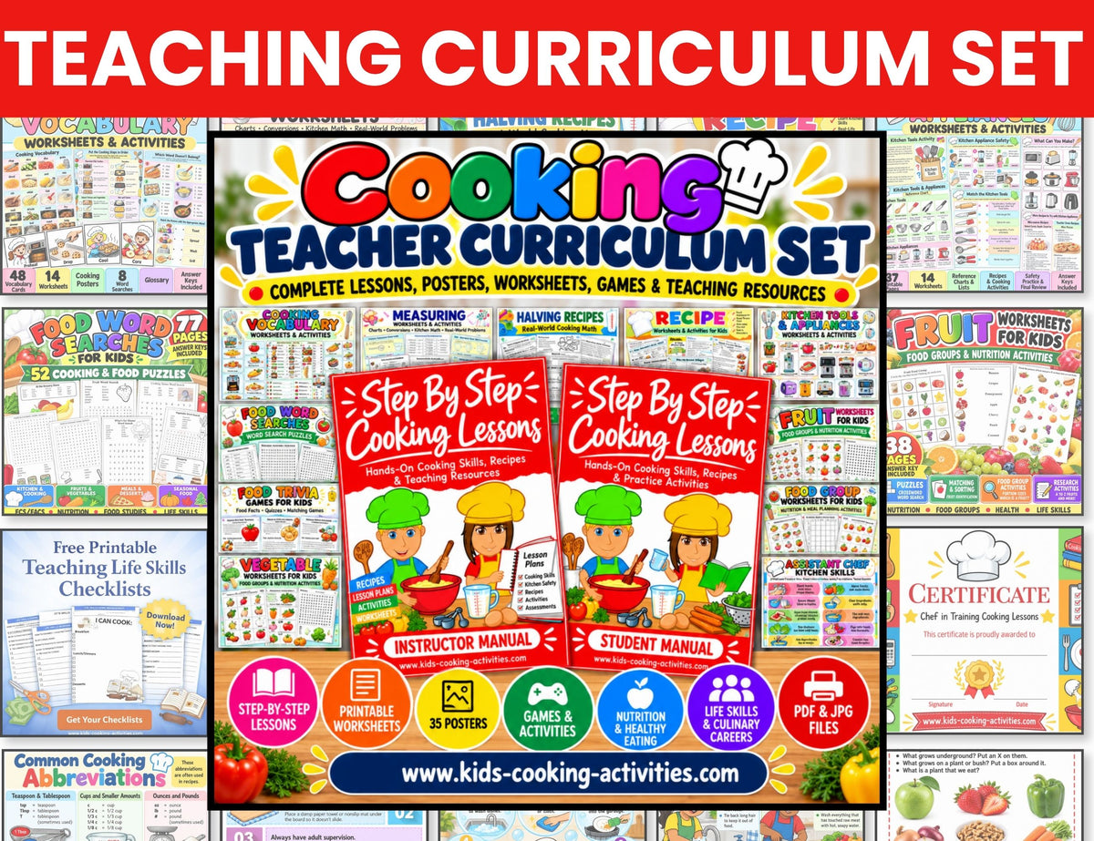 	Preview pages from the cooking lesson manuals showing kitchen skills, recipes, worksheets and teaching activities