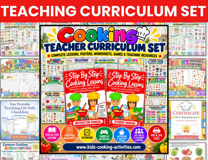 	Preview pages from the cooking lesson manuals showing kitchen skills, recipes, worksheets and teaching activities
