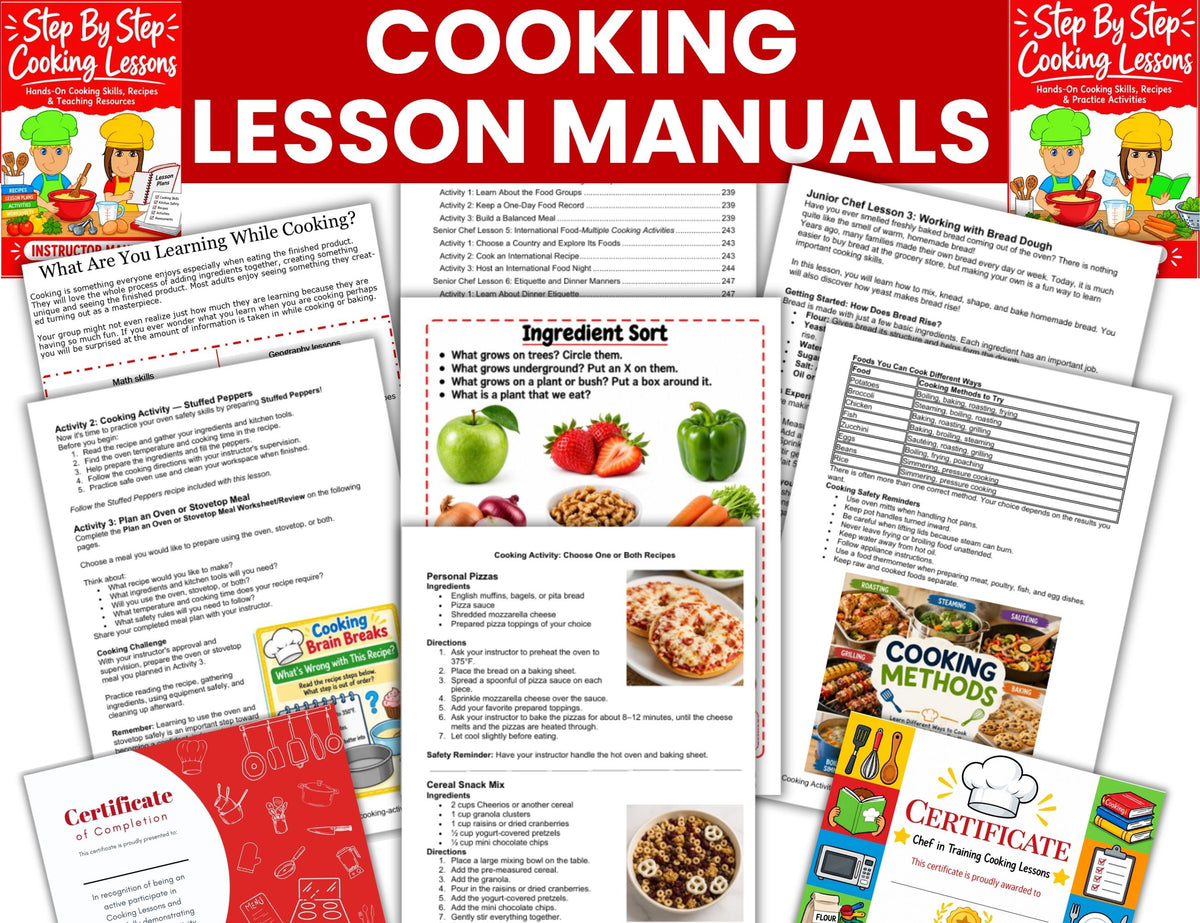 Printable cooking worksheets featuring kitchen tools, recipe math, cooking vocabulary and food group activities