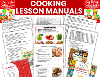 Printable cooking worksheets featuring kitchen tools, recipe math, cooking vocabulary and food group activities