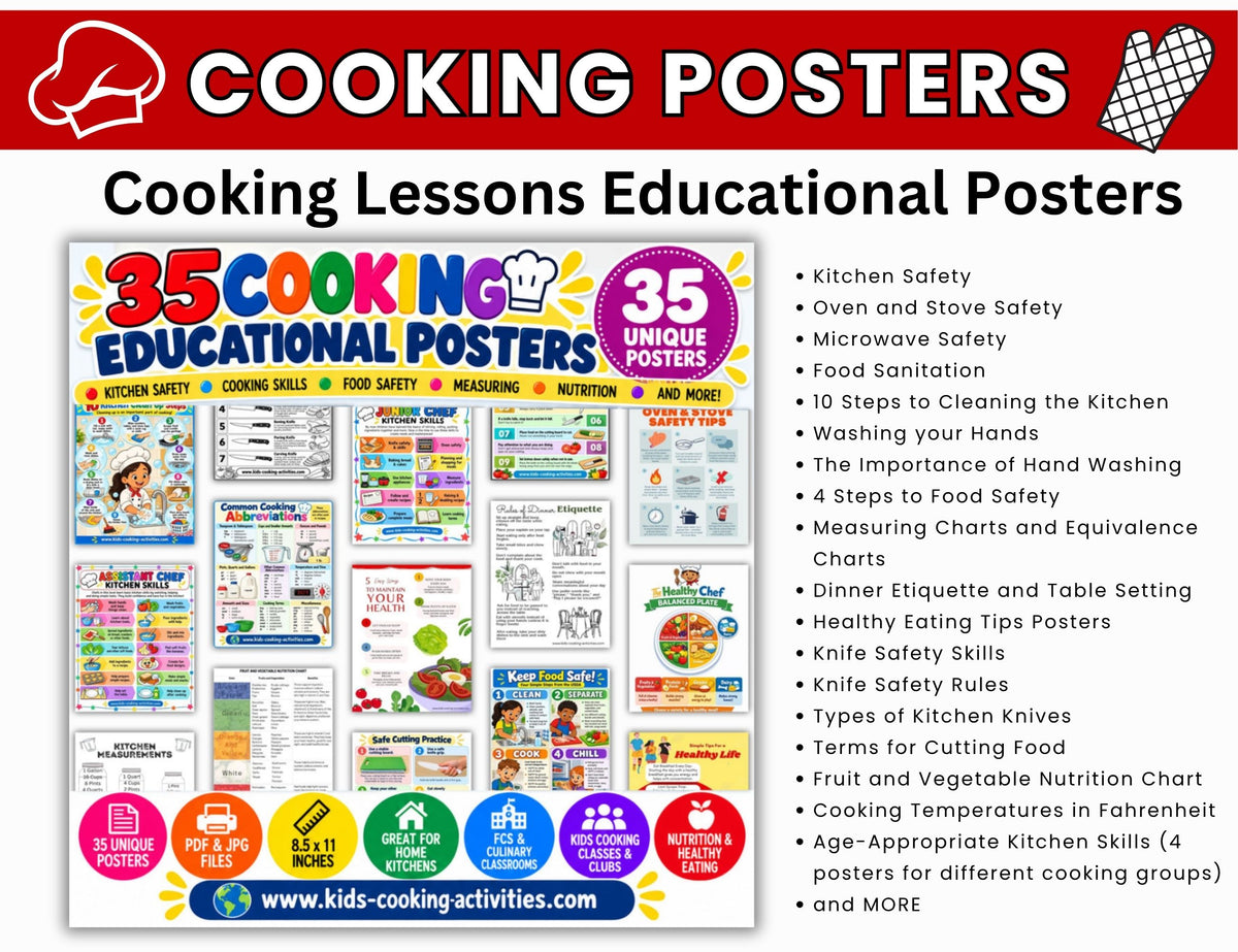 Colorful cooking poster previews featuring food safety, knife skills, kitchen measurements and cooking abbreviations