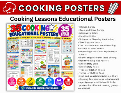 Colorful cooking poster previews featuring food safety, knife skills, kitchen measurements and cooking abbreviations