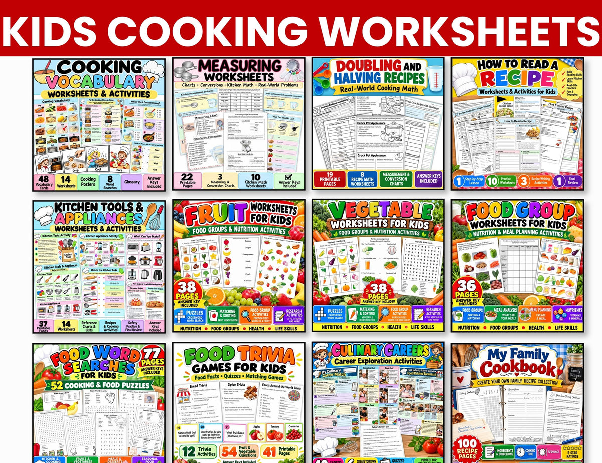 Cooking worksheet and activity bundle with 12 sets covering measuring, recipe reading, vocabulary, nutrition and kitchen skills